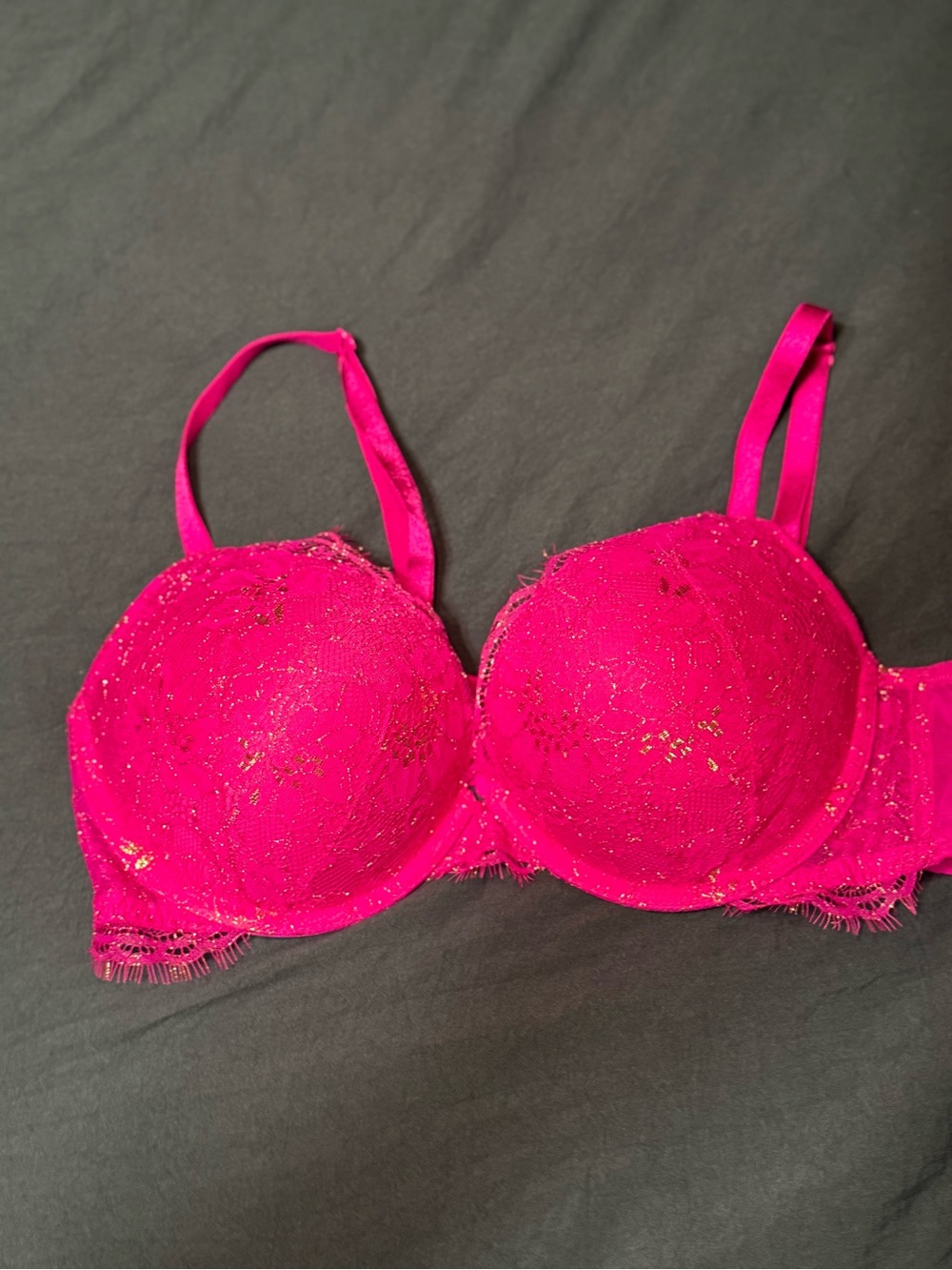 Victoria's Secret Bright Pink Lace Push-Up Bra with Gold Flecks